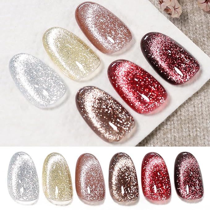 Born Pretty Cat Magnetic Eye Gel Nail Polish Reflective Glitter Gel Polish Red Silver Champagne Gold Glitter Gel Nail Polish 6PCS Set-VivaGrace Women