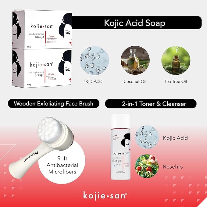 Kojie San Face & Body Shower Set - The Original Kojic Acid Soap that Reduces Visibility of Dark Spots, Hyperpigmentation, and Other types of Skin Damage – 135g x 2 Bars with Lotion, Cream and Toner-VivaGrace Women