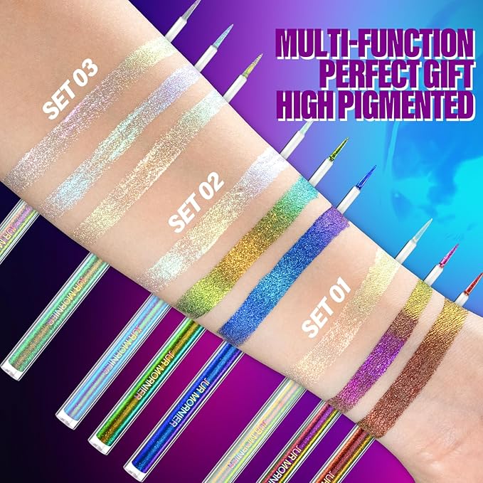 Multichrome Liquid Eyeshadow Set, 3 Colors Multi-Dimensional Eye Liner Makeup, High Pigment Waterproof Metallic, Ultra Fine Tip Glitter (104+105+106)