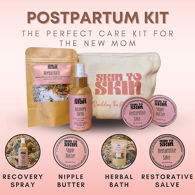 Skin to Skin Postpartum Kit-4 Piece Set in Cosmetic Bag - Postpartum Recovery - Includes: Herbal Bath, Recovery Spray, Restorative Salve, and Nipple Butter - Postpartum Care Kit - After Birth Care Kit-VivaGrace Women