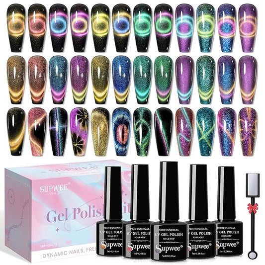 Cat Eye Gel Polish with Magnetic Stick, 12 Colors Chameleon Magnetic Gel Polish Kit Galaxy Cateyes Nail Polish Gels Collection Home DIY Manicure for Women Girl