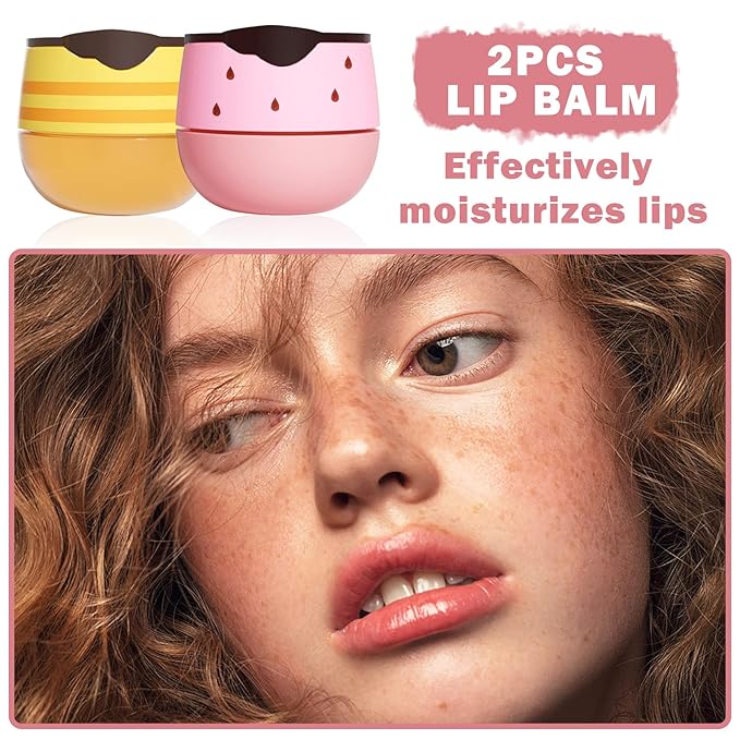 2PCS Bee Lip Balm Honey Pot,Honey Lip Balm With Honey Spoon,Honey Lip Mask Moisturizing Hydrating Prevents Dry and Chapped Lips,Lip Exfoliating Bee Lip Balm（Honey+Strawberry）-VivaGrace Women