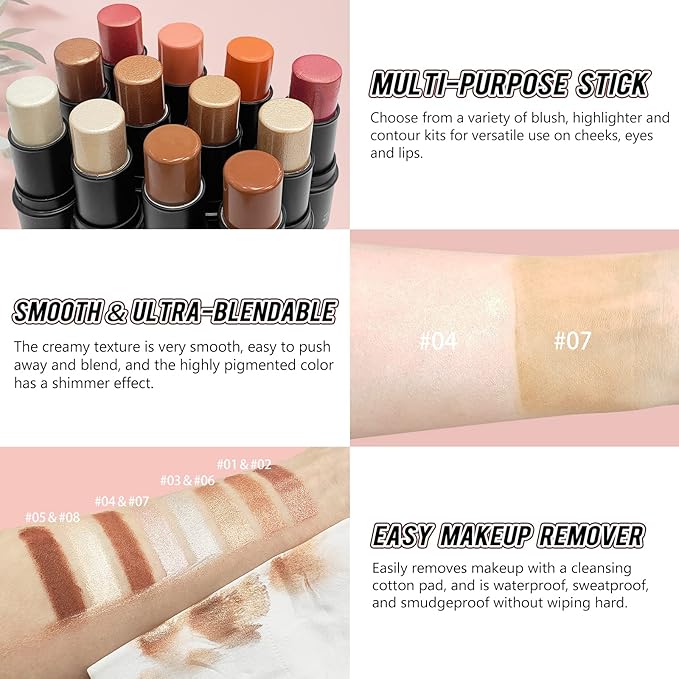 2 Pcs Cream Contour Stick Makeup Kit, Cream Highlighter Stick & Contour Bronzer Stick for Cheeks, Lightweight Blendable Smooth -Highlighter & Bronzer (#04 Light Rose Gold #07 Coffee)-VivaGrace Women
