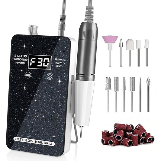 Professional Electric Nail Drill File:COSYGLOW Glitter Portable Cordless E-File Nail Drill Kit with 11 Drill Bits,30000 RPM Rechargeable Nail Drills Machine for Acrylic Nails Gel Polishing(Black)-VivaGrace Women
