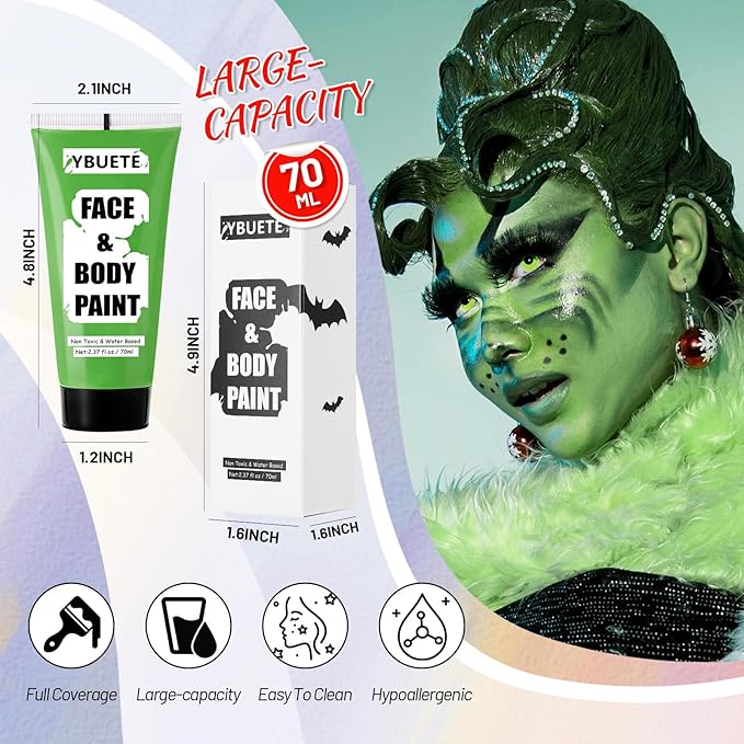 Light Green Water Based Face Body Paint for St. Patrick’s Day,2.37 OZ Large Tube Full Coverage Face Paint for Cosplay Monster Hulk Witch,Washable Green Body Painting Adult Halloween SFX Makeup-VivaGrace Women