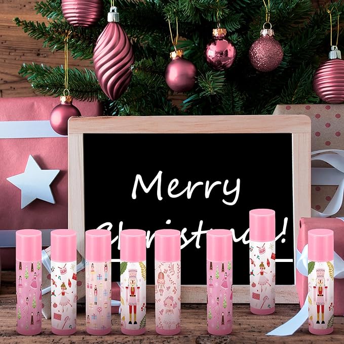 Dunzy 50 Pcs Christmas Lip Balm Gifts Bulk Pink Christmas Nutcracker Themed Lip Balm Xmas Lip Moisturize for Lip Care Xmas Holiday Party Stocking Stuffers, 5 Flavors-VivaGrace Women