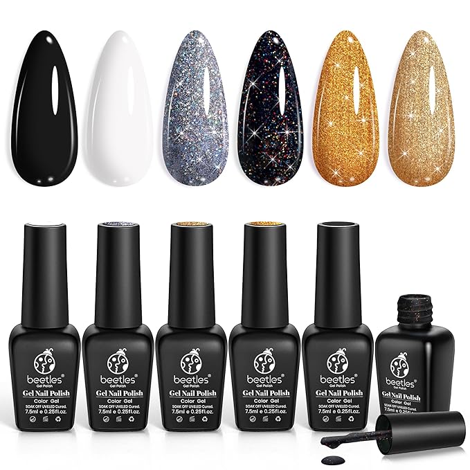 Beetles Shimmer Gel Nail Polish Set, 6 Colors Black White Polish Gel Silver Rose Gold Glitter Fall Nail Polish Soak Off Uv Lamp Nail Art Manicure Salon Gifts for Her Women-VivaGrace Women