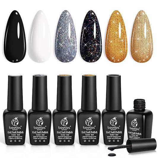 Beetles Shimmer Gel Nail Polish Set, 6 Colors Black White Polish Gel Silver Rose Gold Glitter Fall Nail Polish Soak Off Uv Lamp Nail Art Manicure Salon Gifts for Her Women-VivaGrace Women