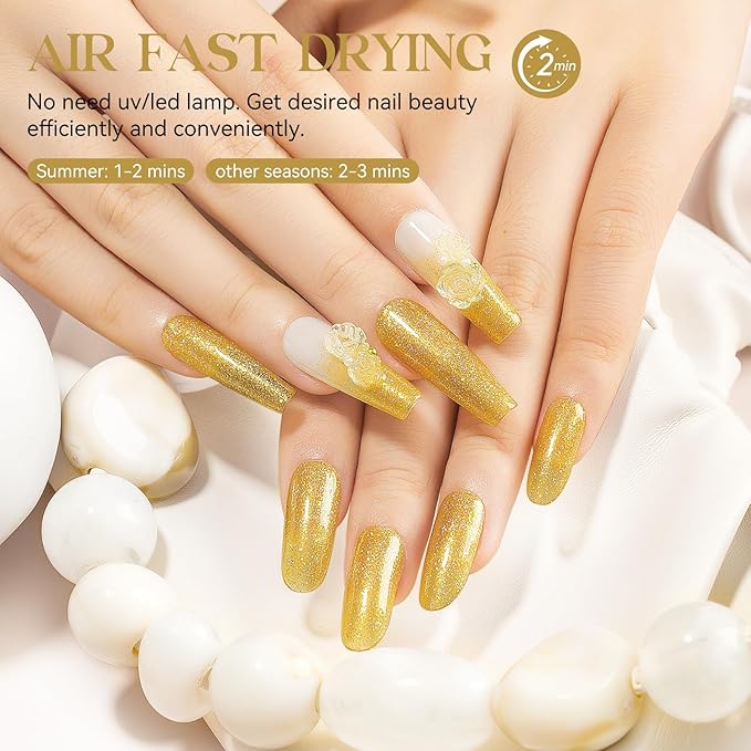 MIZHSE Quick Dry Nail Polish, Glitter Gold Nail Polish Non Gel Air Drying Fast, 15 ml Regular Sparkle Shimmery Oil-based Glitter Nail Lacquer Nail Art Manicure DIY Home