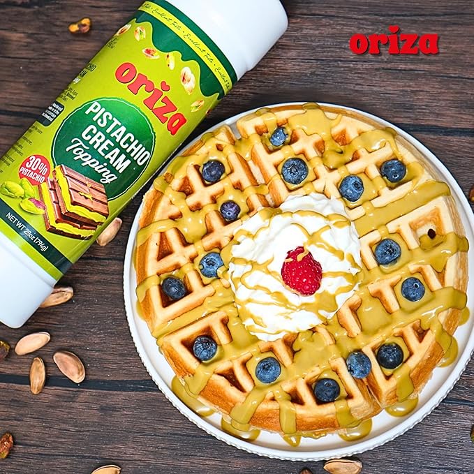 Oriza Pistachio Cream Topping, 28oz Bottle – Premium Pistachio Spread with 30% Pistachios, Palm Oil Free, Non-GMO, Natural Color – Dessert, Latte & Baking Cream