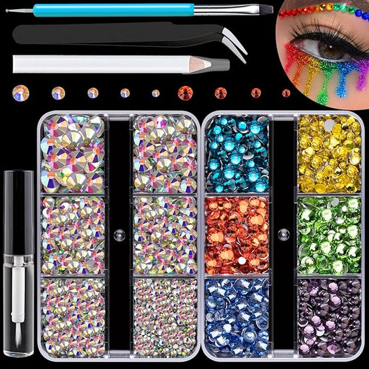 Colorful Face Gems for Makeup Set, Flatback Gorgeous AB Gems+Mixed-Colored Chameleon Crystals with Makeup Glue+Picker Pencil+Tweezer+Dual-End Dotting Tool for Eye Body Hair Make-up and Nail Art Deco-VivaGrace Women