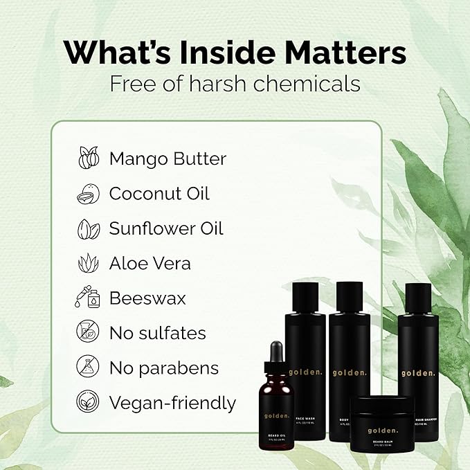 Golden Grooming Co. Everyday Grooming Bundle for Textured Hair & Melanin-Rich Skin | Essential Beard & Skincare Kit with Beard Shampoo, Face Wash, Beard Oil, Body Wash & Beard Balm-VivaGrace Women