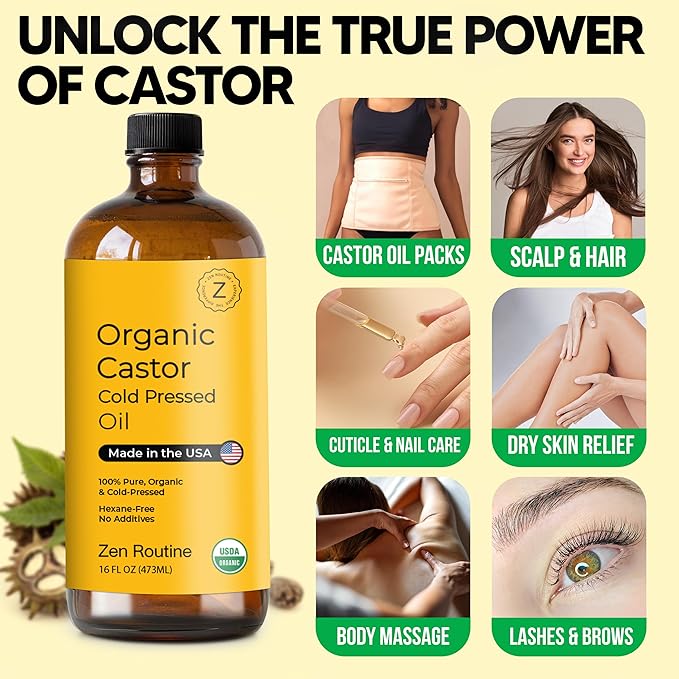 Zen Routine New (Glass Bottle) Organic Castor Oil 16oz – Hexane Free – Hair Growth Oil, Eye Lashes & Stomach, 100% Cold Pressed Unrefined Pure for Castor Pack Wrap – USDA Certified, Made in the USA-VivaGrace Women