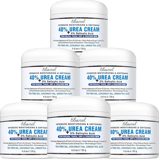 Ebanel Urea Cream 40% plus Salicylic Acid 2%, Foot Cream for Dry Cracked Heels Feet Knees Elbows Hands, Foot Dead Skin Cuticle Callus Remover Toenail Softener, Keratolytic Skin Barrier Repair, 6-Pack