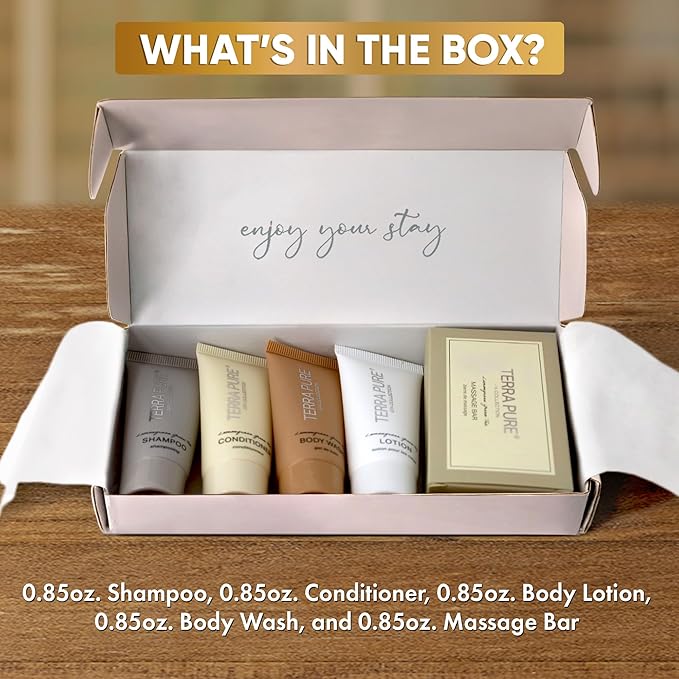 Terra Pure Spa Collection Amenity Kit | Hotel Toiletries | Bulk Set 0.85 oz Travel Size Shampoo,Conditioner, Lotion, Body Wash & Massage Bar for Guest Hospitality AirBnB/Vacation Rentals |1 set/ case-VivaGrace Women