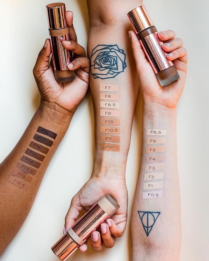 Revolution Beauty, Conceal & Define Foundation, Full Coverage, Long-Lasting Matte Finish, Vegan & Cruelty Free, F8 Light to Medium Skin Tones, 0.8 Fl.Oz.-VivaGrace Women