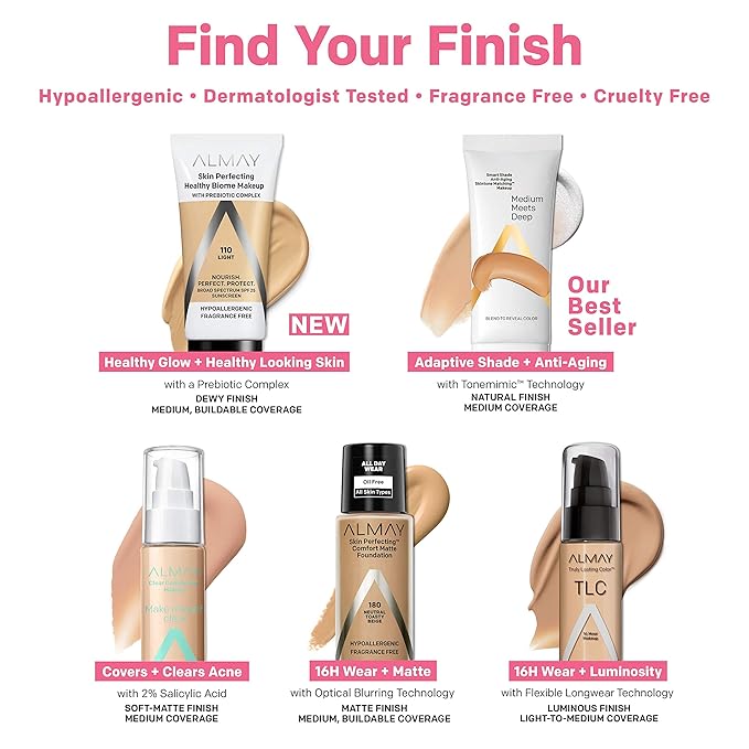Almay Skin Perfecting Healthy Biome Foundation Makeup with Prebiotic Complex SPF 25, Hypoallergenic, -Fragrance Free, 140 Golden, 1 fl. oz.-VivaGrace Women