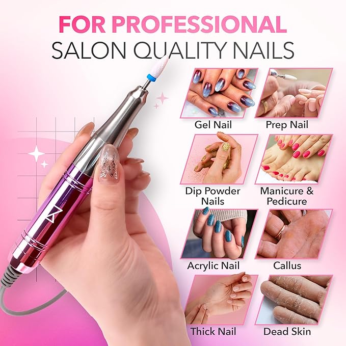 M Mase- Professional Nail Drill Machine - Coreless 2-in-1 Nail File - Electric, Cordless, 35000 RPM, HD Display - Electric Nail Drill for Professional & Home Use (Unicorn Purple)-VivaGrace Women