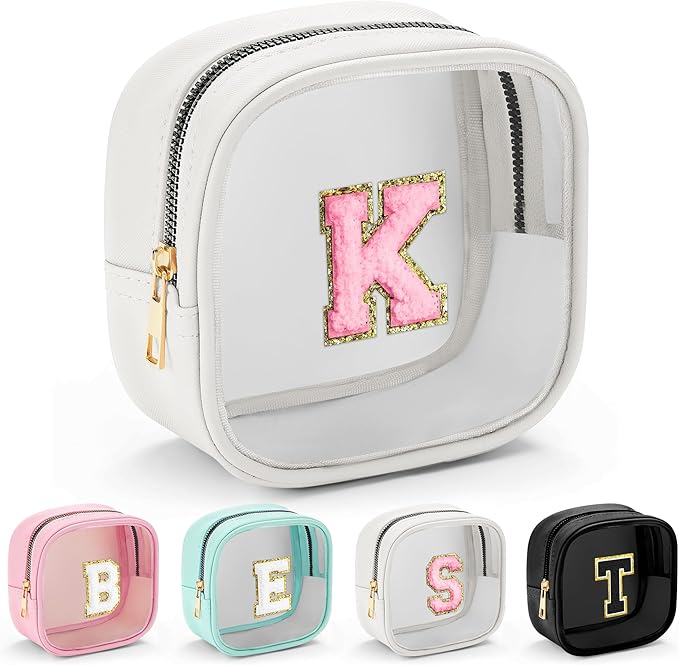 YOOLIFE Initial Make Up Bag Travel Toiletry Bag, Clear Makeup Bag Preppy Cosmetic Bags Organizer Travel Essentials Gifts for Women Teen Girlfriend Teacher Mom Birthday Mothers Day Gifts White K-VivaGrace Women