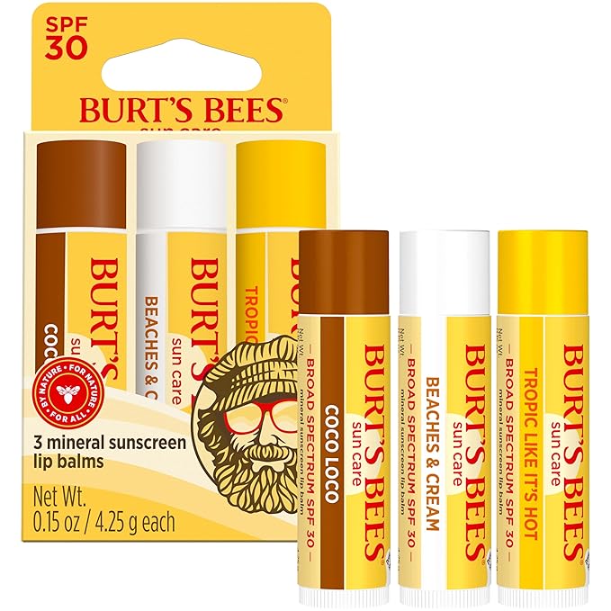 Burt’s Bees SPF 30 Lip Balm Mothers Day Gifts for Mom, Island Getaway - Coco Loco, Beaches & Cream, Tropic Like It's Hot, Water-Resistant Sun Care, Natural Origin Lip Treatment, 3 Tubes, 0.15 oz-VivaGrace Women