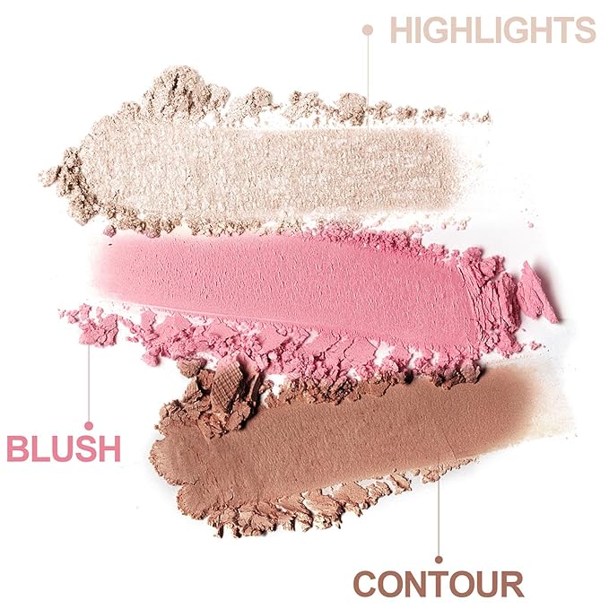 3-in-1 Blendable Trio, Contour and Highlight Blush Makeup Palette, Cream Bronzer, Silky Smooth Powder Blush, Shimmer Highlighter Makeup Powder, Pink Brown Eyeshadow Palette with Mirror(02)-VivaGrace Women