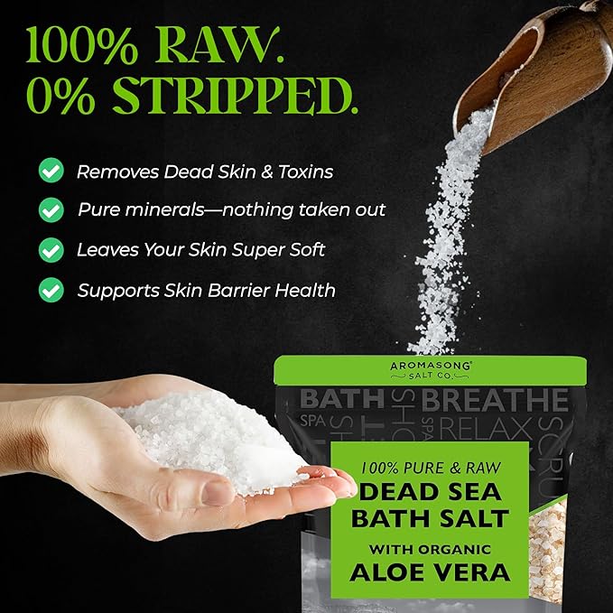 Aromasong 19 lbs RAW Dead Sea Salt with Organic Aloe Vera, not Cleaned, Still Contains All Dead sea Minerals Including Dead sea Mud, Fine Medium Grain Large resealable Bulk Pack - Packaging May Vary-VivaGrace Women