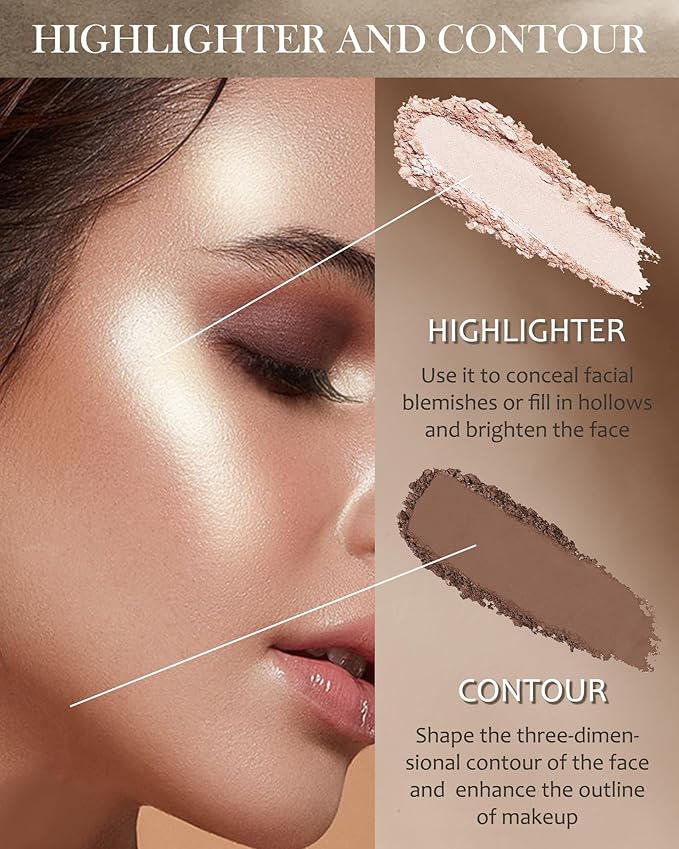 Face Contour Glitter Highlighter Powder Palette-2 in 1 Cruelty-Free Matte Bronzer Powder,Shimmer Illuminator Highlighters for a Glowing Look,Blendable Makeup Palette,Valentine's Day Gift for Women-01-VivaGrace Women