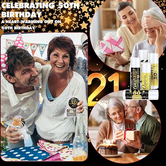 50 Sets Birthday Favors Lip Balm Gifts Bulk Moisturizing Lip Balm with 50 Organza Drawstring Gift Bag 50 Tags Birthday Party Supplies Gifts Bulk for Men and Woman (50th Birthday)-VivaGrace Women