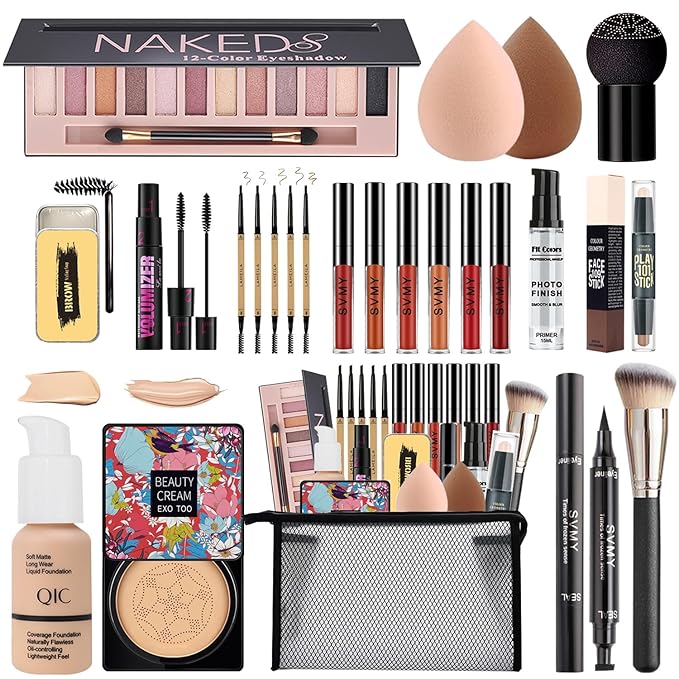 All in One Makeup Kit,Includes Naked Eyeshadow,CC Cream,Liquid Foundation,Lipstick Set,Mascara,Makeup Brush,Makeup Sponge,Eyebrow Pencil,Eyebrow Soap,Eyeliner Stamp, Primer,Contour Stick,Cosmetic Bag-VivaGrace Women