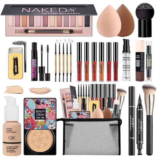 All in One Makeup Kit,Includes Naked Eyeshadow,CC Cream,Liquid Foundation,Lipstick Set,Mascara,Makeup Brush,Makeup Sponge,Eyebrow Pencil,Eyebrow Soap,Eyeliner Stamp, Primer,Contour Stick,Cosmetic Bag-VivaGrace Women
