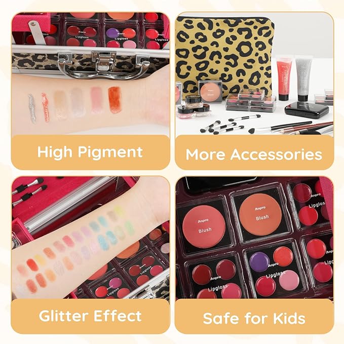 Anpro All-In-One Leopord Double Folding Makeup Carry Case with Pro Teen Makeup Set, Full Starter Kit with Makeup Brushes, Lipsticks, Eyeshadow Palette, Blushes, Glitter Gel, Ideal Present for Girls-VivaGrace Women