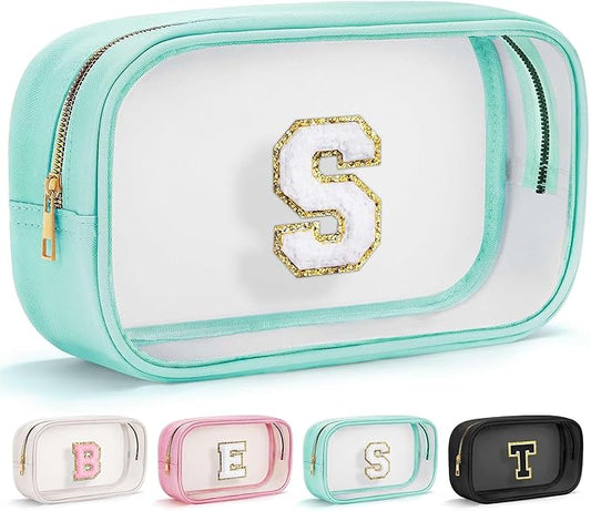 YOOLIFE Initial Make Up Bag Travel Toiletry Bag, Clear Makeup Bag Preppy Cosmetic Bags Organizer Travel Essentials Gifts for Women Teen Girlfriend Teacher Mom Birthday Mothers Day Gifts Blue S-VivaGrace Women