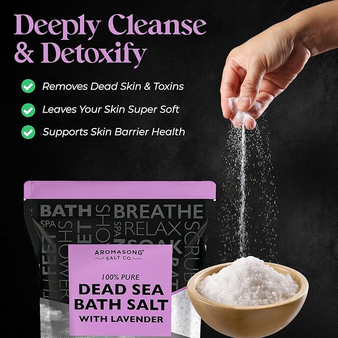 Aromasong Pure Dead Sea Salt for Soaking with 100% Natural Lavender, 5 LB - Spa Bath Salt Fine Grain - Body Wash Scrub - Soak for Women & Men- Bulk Resealable Pack (Packaging May Vary)-VivaGrace Women