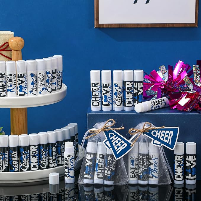 50 Sets Cheer Gifts Bulk 50 Cheer Lip Balm Bulk Moisturizing with 50 Organza Drawstring Gift Bags 50 Tags Cheerleader Gifts Cheer Gifts Bulk for Team (Blue)-VivaGrace Women