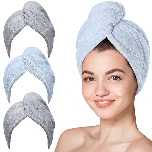 Hicober Microfiber Hair Towel, 3 Packs Hair Turbans for Wet Hair, Drying Hair Wrap Towels for Curly Hair Women Anti Frizz (Grey,Blue,Grey)-VivaGrace Women
