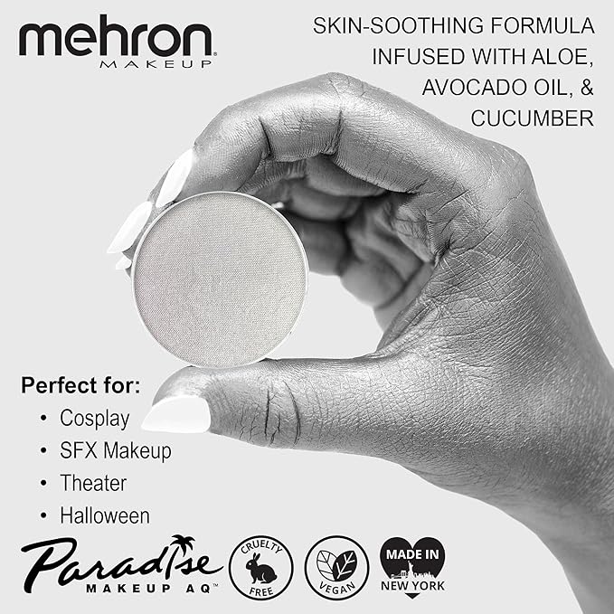 Mehron Makeup Paradise Makeup AQ Refill Size | Stage & Screen, Face & Body Painting, Cosplay, Halloween | Water Activated Face Paint, Body Paint, Cosplay Makeup .25 oz (7 ml) (Metallic Silver)-VivaGrace Women