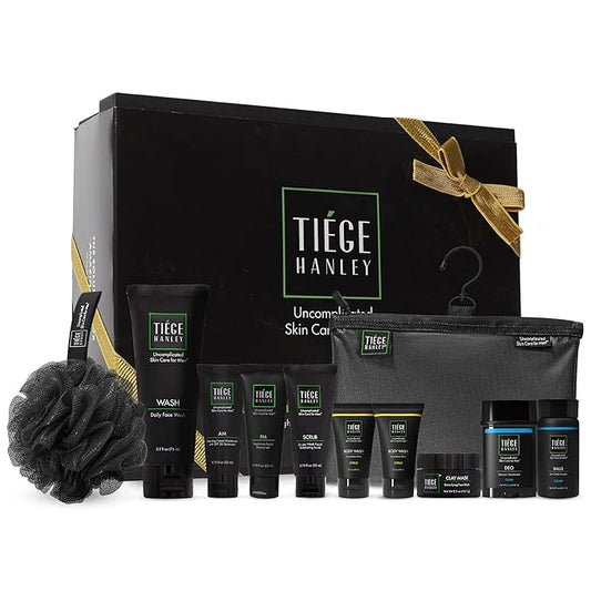 Tiege Hanley Mens Skin Care Gift Box Set, Gold - Men's Skincare Set with Face Wash, AM & PM Moisturizer, Scrub, Clay Mask, Body Wash, Deodorant, Anti Chafe Powder, Scrubber & Dopp Kit-VivaGrace Women