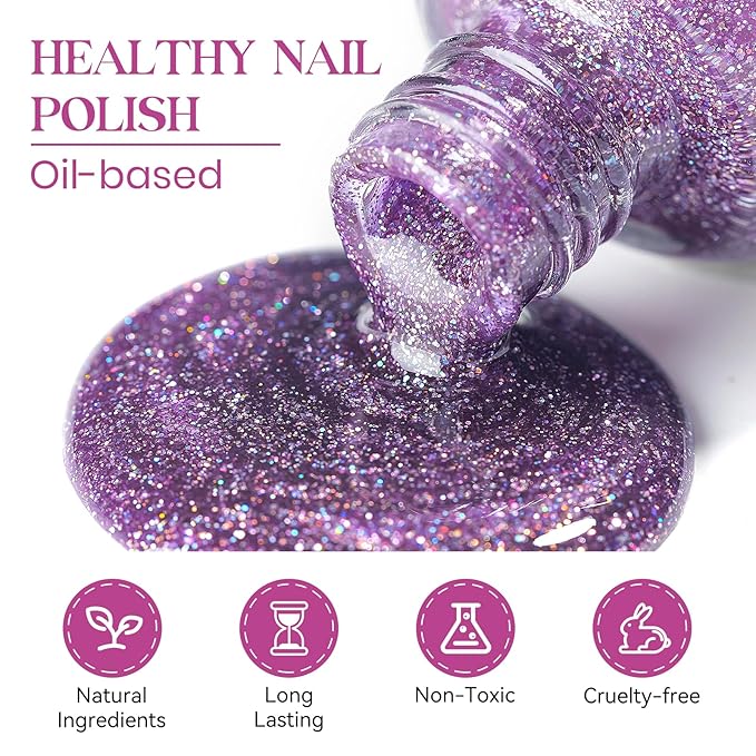 MIZHSE Air Drying Fast Nail Polish, Glitter Purple Nail Polish Non Gel Quick Dry, 15ml/0.5 fl oz Regular Sparkle Shimmery Oil-based Lacquer Full Coverage Nail Art Manicure DIY Home