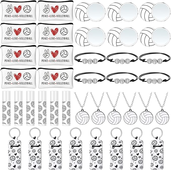 72 Pcs Sports Team Gifts Include 12 Makeup Bags 12 Lip Balm 12 Lip Balm Holder 12 Necklace 12 Adjustable Bracelet 12 Mirrors for Sports Lovers Players Party Favors (White, Volleyball)-VivaGrace Women