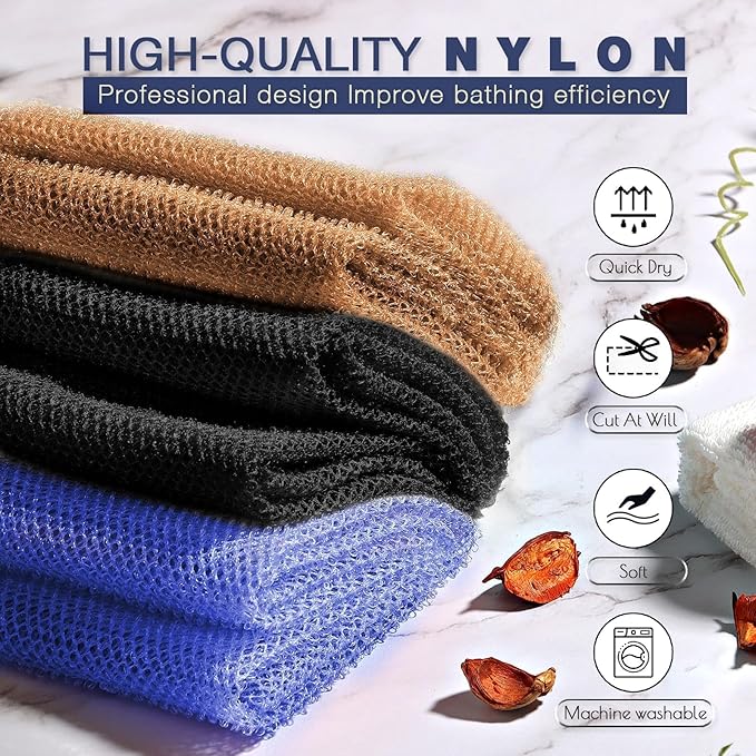 3 Pieces African Bath Sponge African Net Long Net Bath Sponge Exfoliating Shower Body Scrubber Back Scrubber Skin Smoother,Great for Daily Use (Black、Blue、Brown)-VivaGrace Women