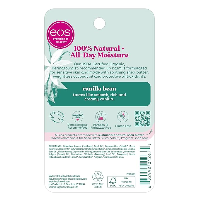 eos 100% Natural & Organic Lip Balm Sticks- Vanilla Bean, All-Day Moisture, Dermatologist Recommended, 0.14 oz, 2-Pack-VivaGrace Women