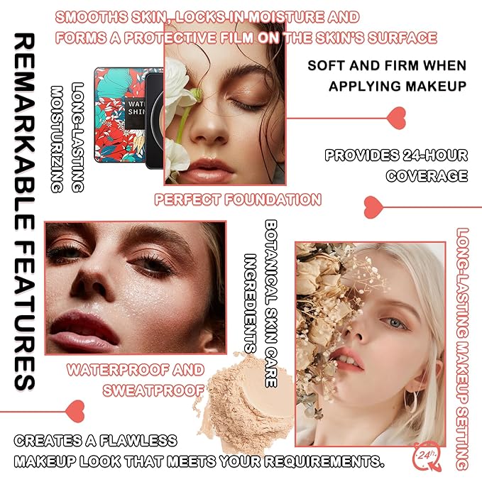 Mushroom Head Air Cushion CC Cream Full Coverage Liquid Foundation Set,Oil Control Concealer Lasting Moisturizing BB Cream,Loose Setting Face Powder Moisturizer Base Primer Makeup with Makeup Sponge-VivaGrace Women