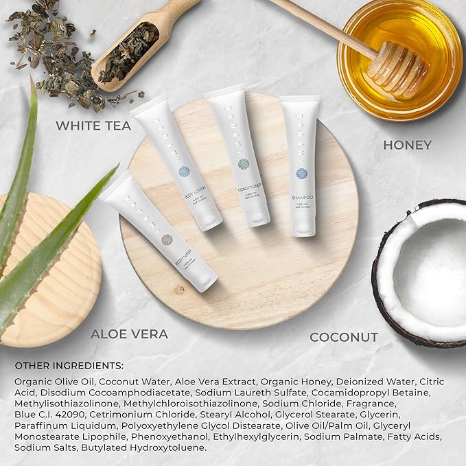 Infuse White Tea & Coconut Hotel Toiletries Bulk Set | 1-Shoppe Amenities Kit | 1oz Shampoo & Conditioner, Body Wash, Lotion | Travel Size | 80 Pieces-VivaGrace Women