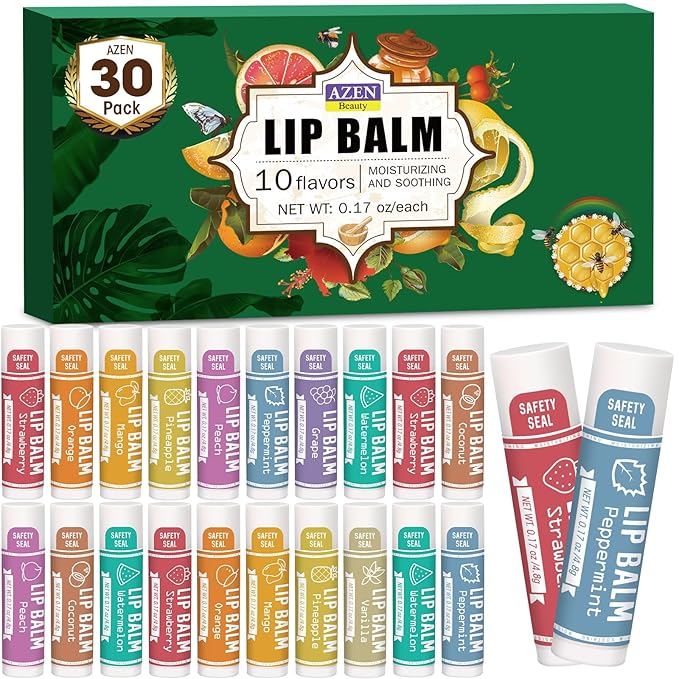 AZEN 30 Pack Lip Balm, Natural Lip Balm Bulk, Lip Care Product, Moisturizing Lip Balm for dry cracked lips - 10 Flavors-VivaGrace Women