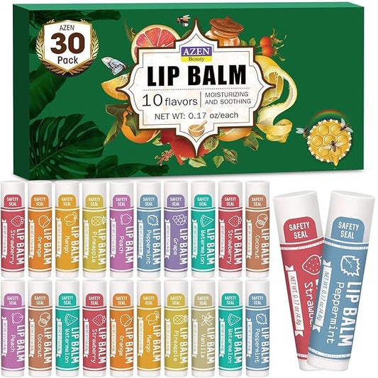 AZEN 30 Pack Lip Balm, Natural Lip Balm Bulk, Lip Care Product, Moisturizing Lip Balm for dry cracked lips - 10 Flavors-VivaGrace Women