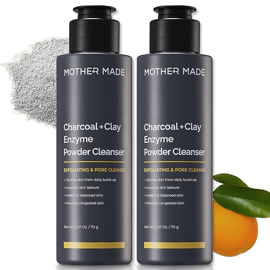 MOTHER MADE Charcoal Clay Enzyme Powder Vegan Facial Cleanser 2 EA with Salicylic Acid, Vitamin C, Hyaluronic Acid, Super Gentle Exfoliating Face Scrub, Pore Cleansing Exfoliant