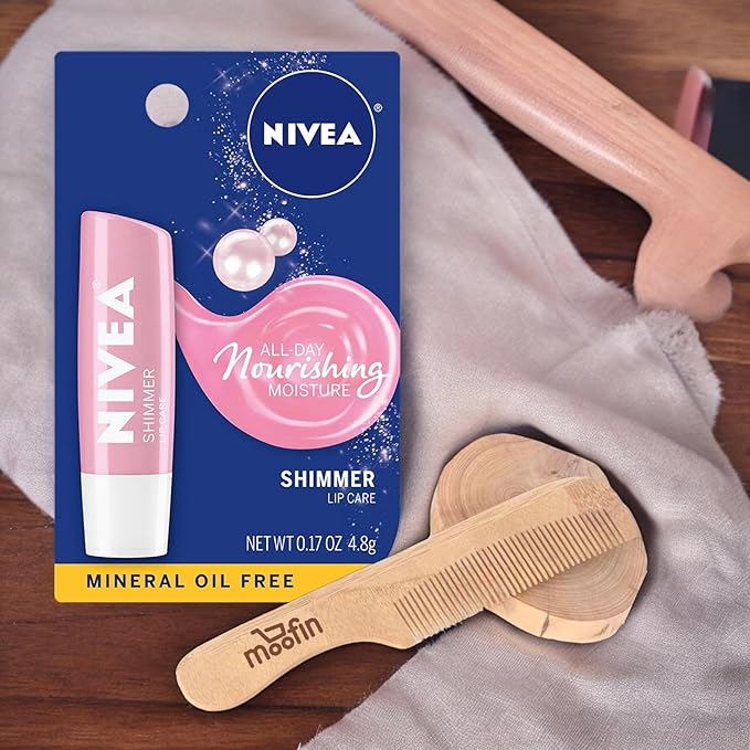 Nivea Lip Balm Shimmer Lip Care, 0.17 Oz Stick For Soft, Radiant Lips, Long-Lasting Hydration With Pearly Shimmer, Mineral Oil-Free, Lip Balm Hydrating - Bundles With Wooden Comb, [Pack Of 5]-VivaGrace Women