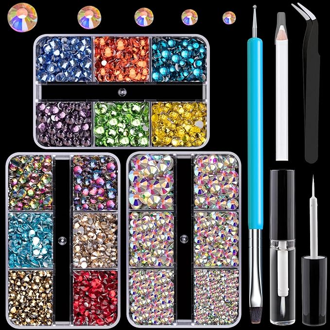 Colorful Face Gems for Makeup Set, Flatback Gorgeous AB Glass Gems+Mixed-Colored Crystals with Picker Pencil, Makeup Glue, Dual-End Dotting Tool, Tweezer for Eye Body Hair Make-up and Nail Art Deco-VivaGrace Women