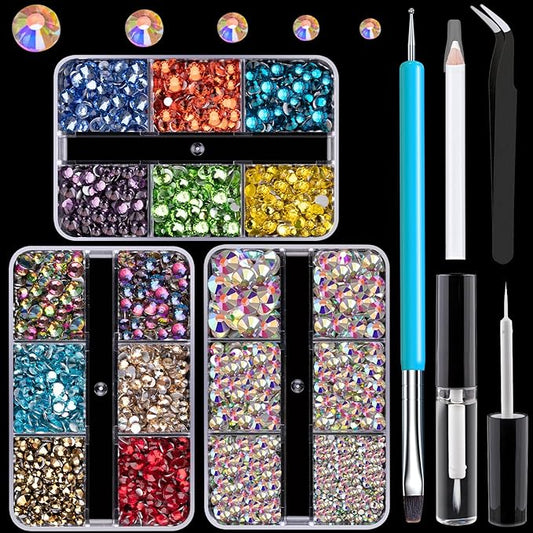 Colorful Face Gems for Makeup Set, Flatback Gorgeous AB Glass Gems+Mixed-Colored Crystals with Picker Pencil, Makeup Glue, Dual-End Dotting Tool, Tweezer for Eye Body Hair Make-up and Nail Art Deco-VivaGrace Women