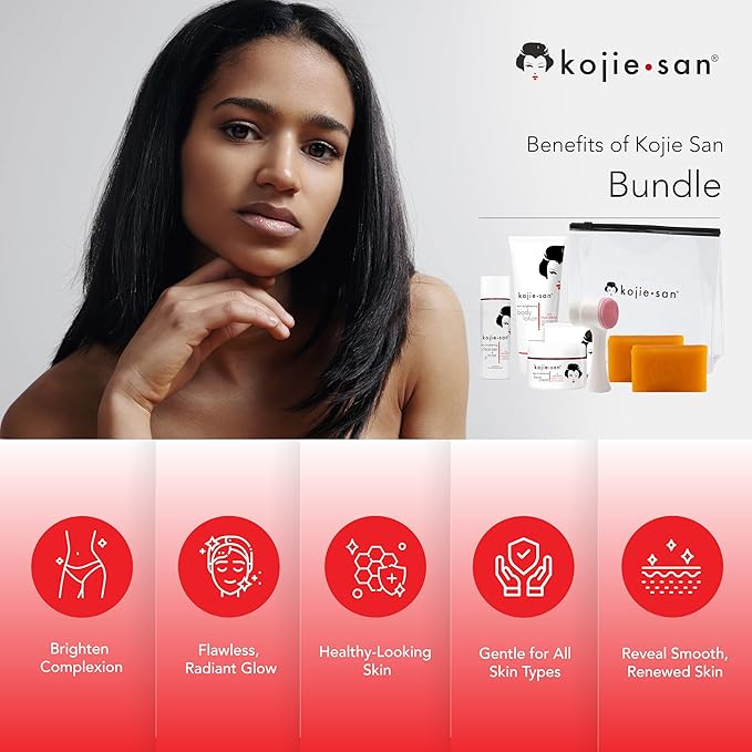 Kojie San Face & Body Shower Set - The Original Kojic Acid Soap that Reduces Visibility of Dark Spots, Hyperpigmentation, and Other types of Skin Damage – 135g x 2 Bars with Lotion, Cream and Toner-VivaGrace Women